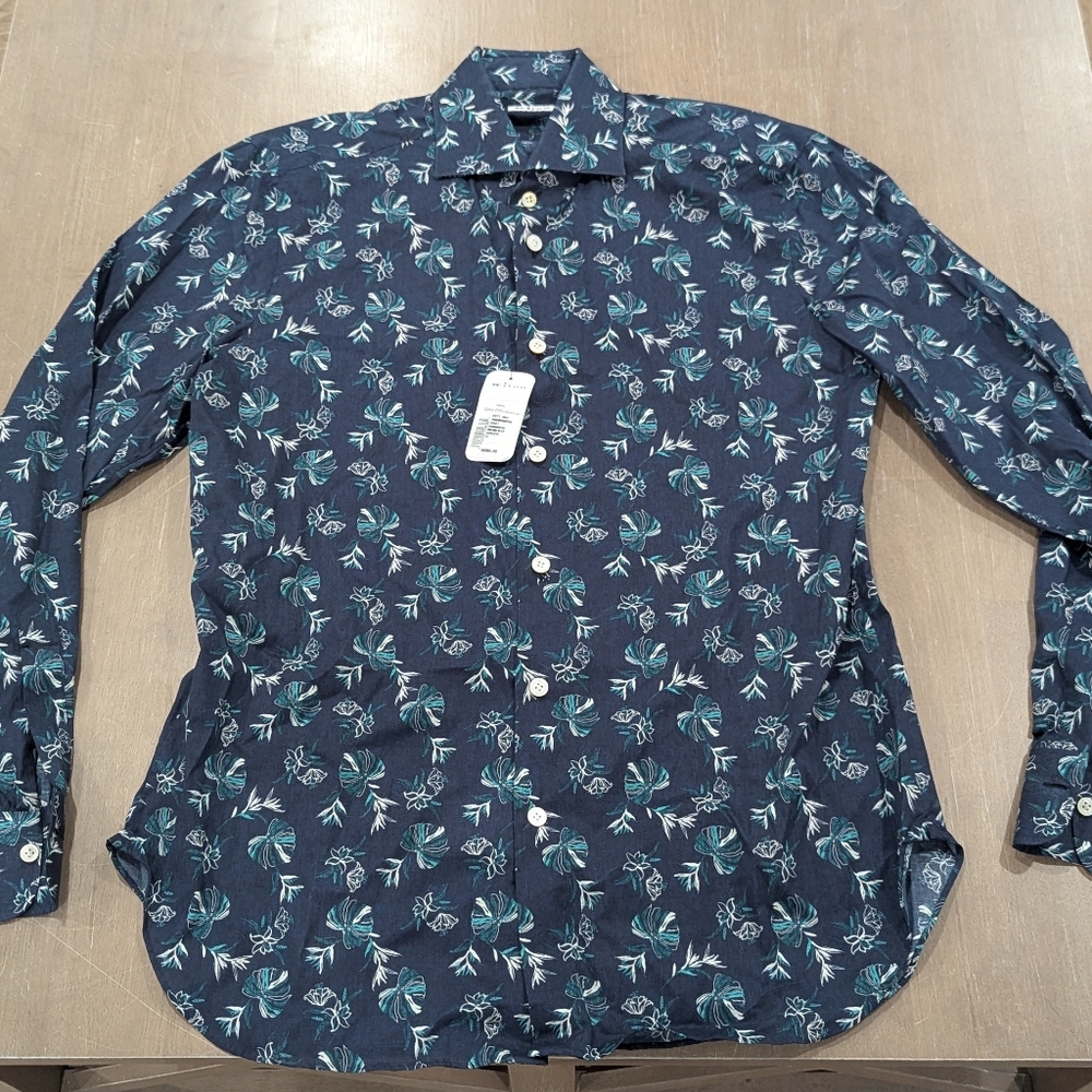 $695 Mens KITON Floral Cotton LS Button Up Shirt Blue 41 US 16